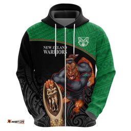 warriors rugby hoodie go champions aotearoa mascot with polynesian maori pattern