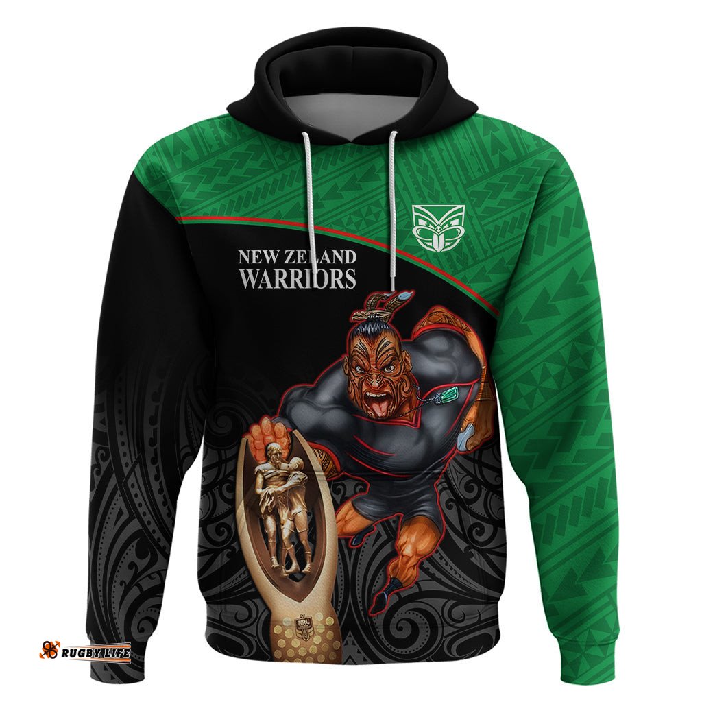warriors rugby hoodie go champions aotearoa mascot with polynesian maori pattern