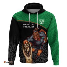 warriors rugby hoodie go champions aotearoa mascot with polynesian maori pattern