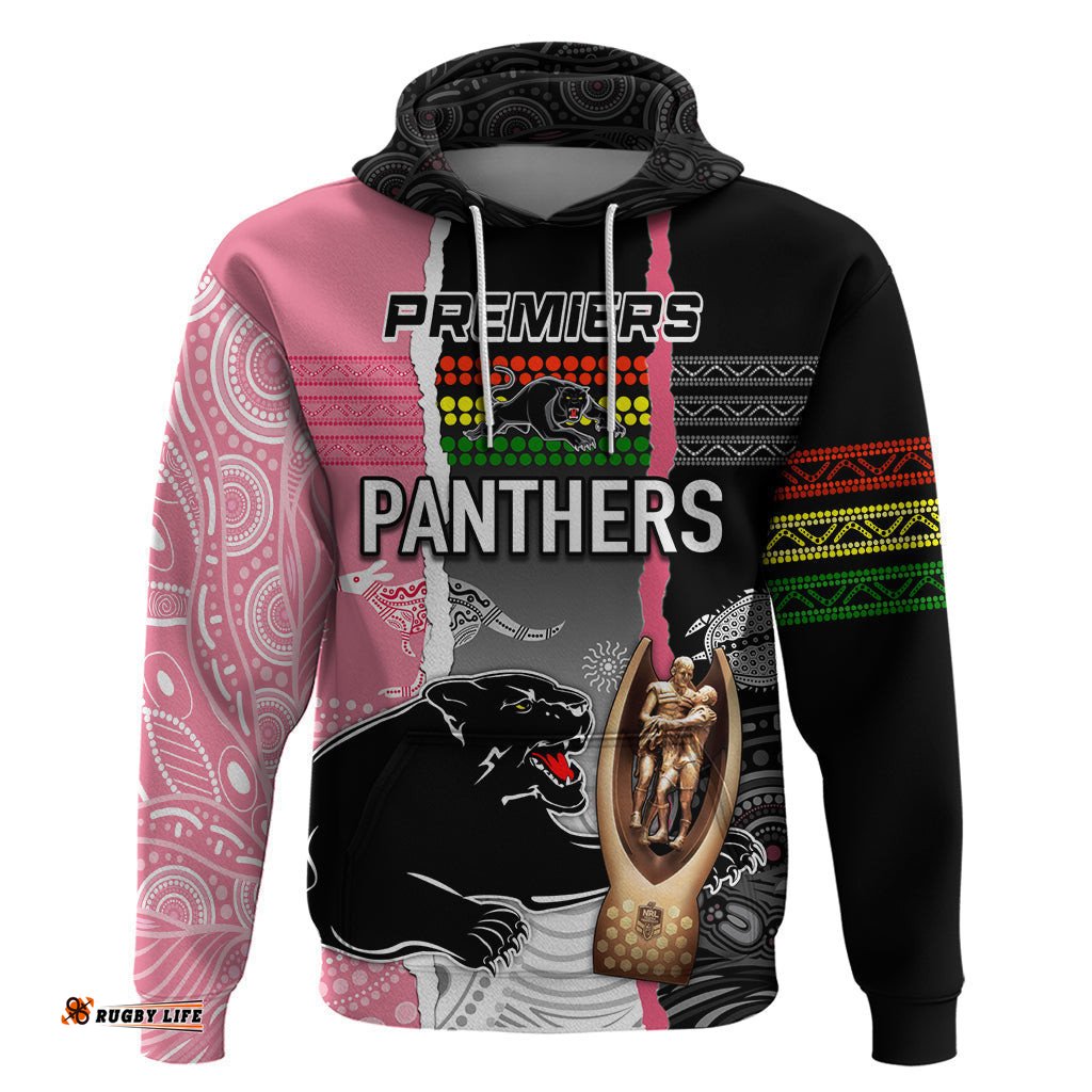 personalised panther rugby nrl premiers hoodie panther pride black & pink aboriginal mix art