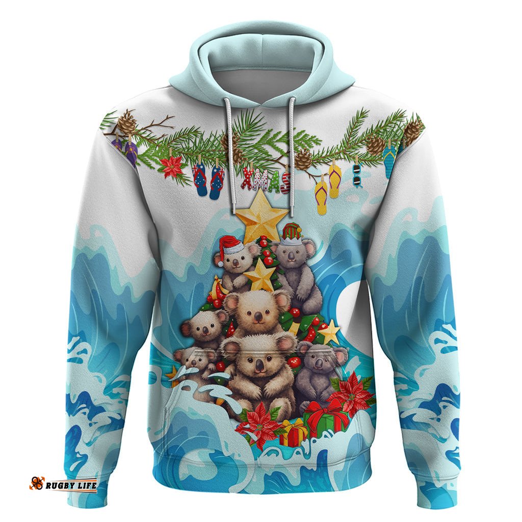 personalised australia koala christmas hoodie merry and bright breaking wave