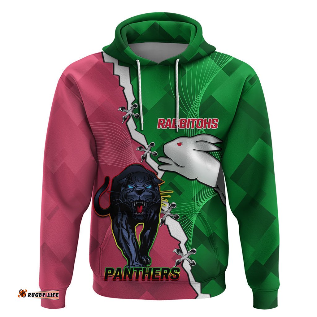personalised panthers and rabbitohs rugby hoodie 2024 souths the riff together