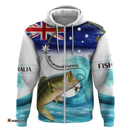 personalised australia fishing hoodie barramundi with ocean waves flag grunge style