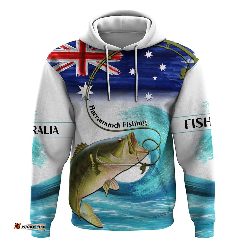 personalised australia fishing hoodie barramundi with ocean waves flag grunge style