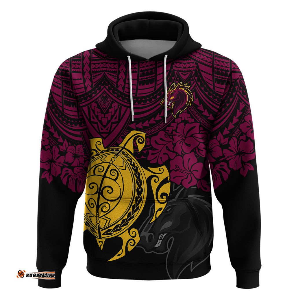 custom broncos rugby hoodie brisbane hibiscus and turtle with polynesian pattern
