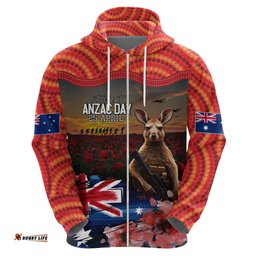 australia anzac day hoodie koala and kangaroo red poppy flower field aboriginal pattern