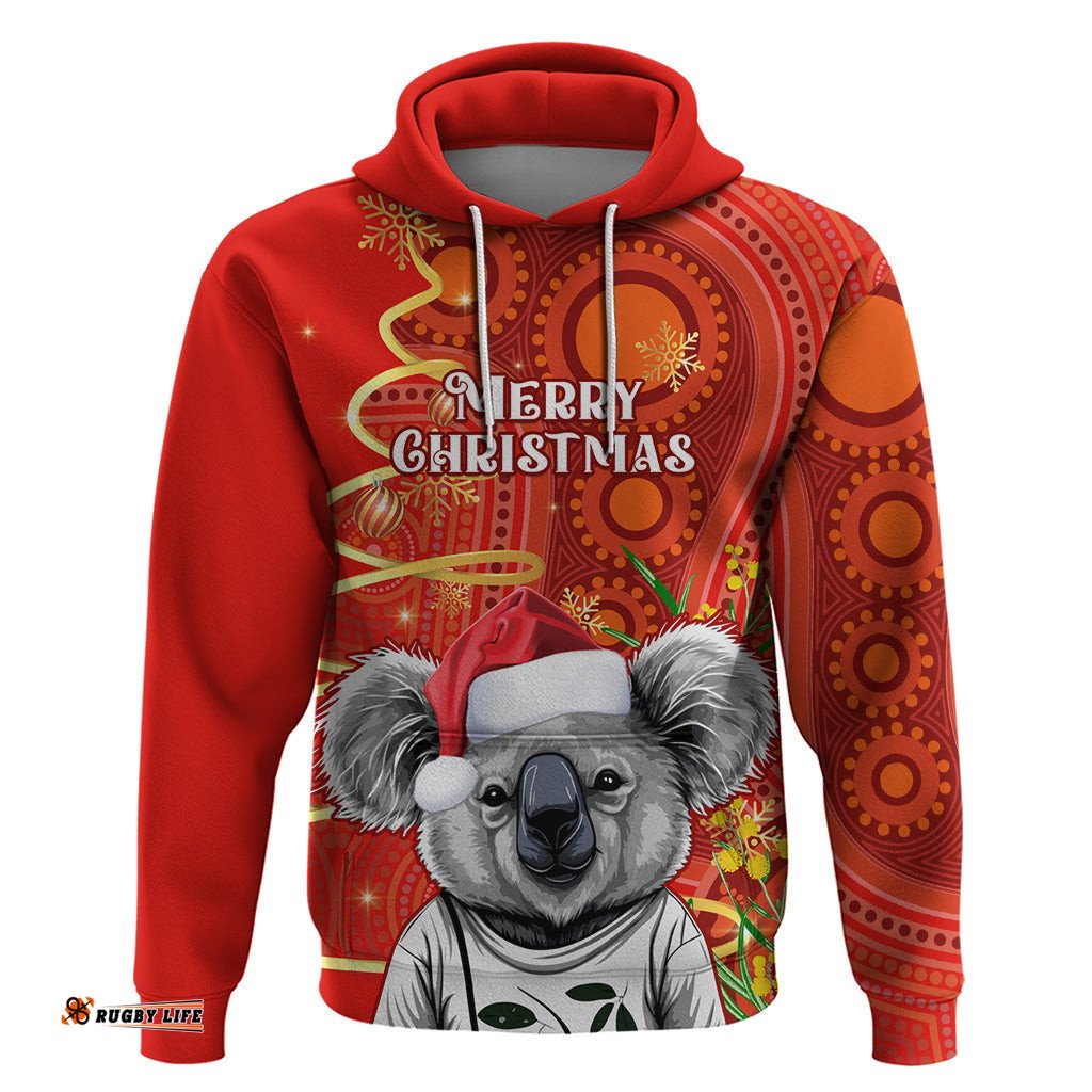 personalised australia koala christmas hoodie aboriginal art with golden wattle