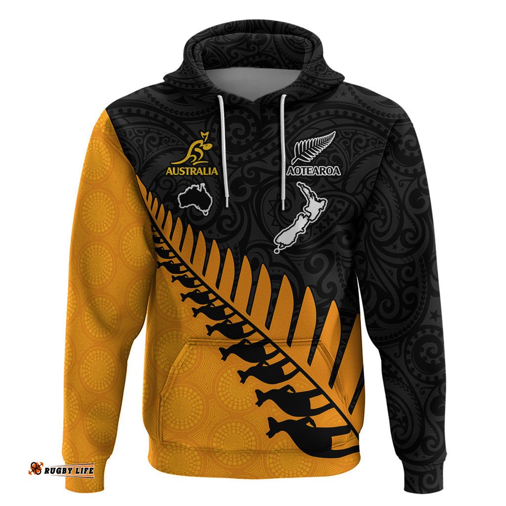 custom australia wallabies and aotearoa rugby hoodie kangaroo black fern maori gold vibe