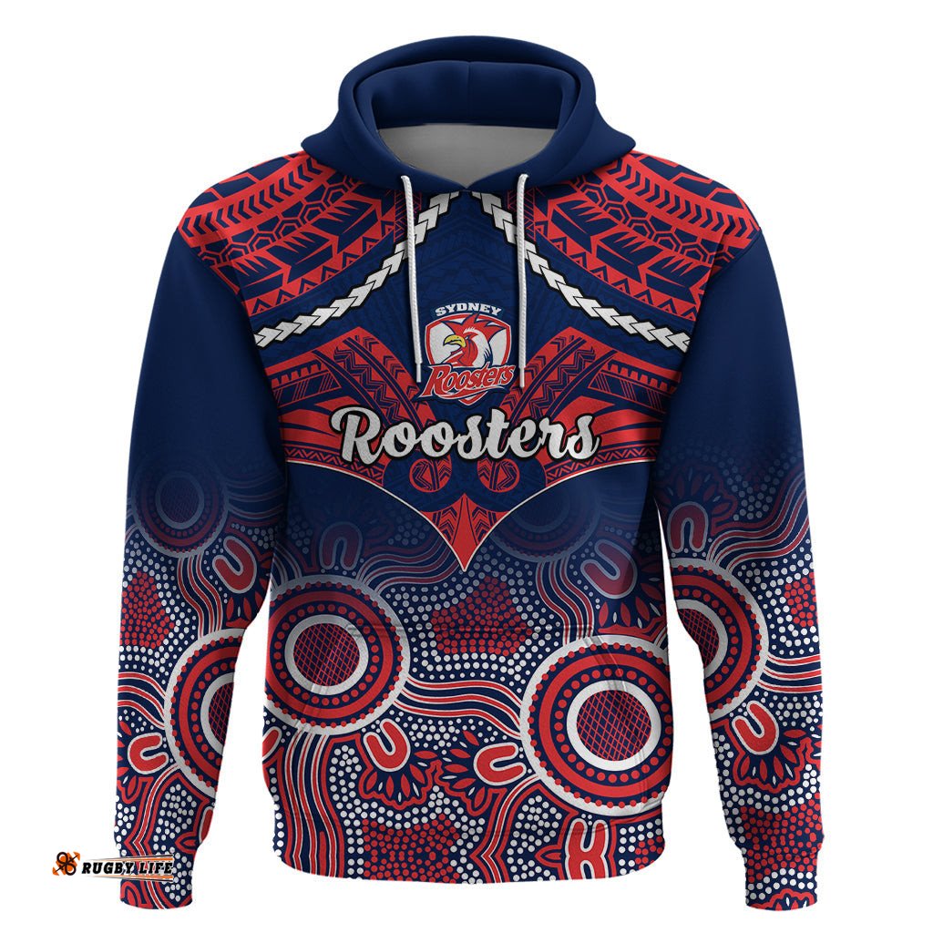 roosters rugby hoodie tricolours 1908 aboriginal mix polynesian pattern