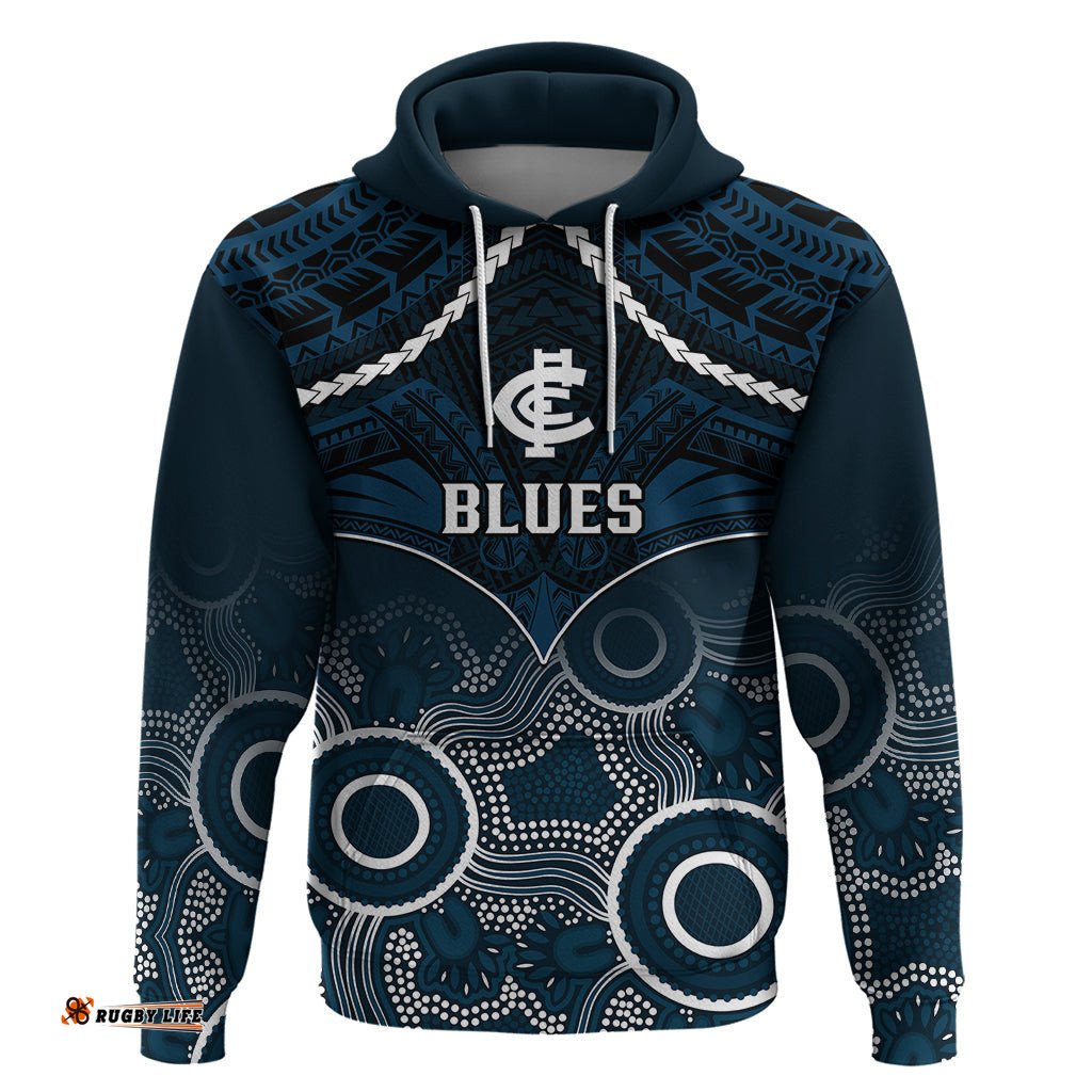 personalised carlton football hoodie blues aboriginal mix polynesian pattern