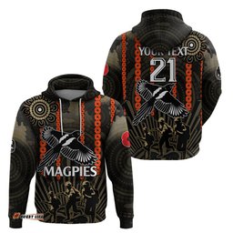 custom text and number anzac collingwood football hoodie proud to be magpies poppy flowers and aboriginal version