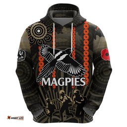 custom text and number anzac collingwood football hoodie proud to be magpies poppy flowers and aboriginal version