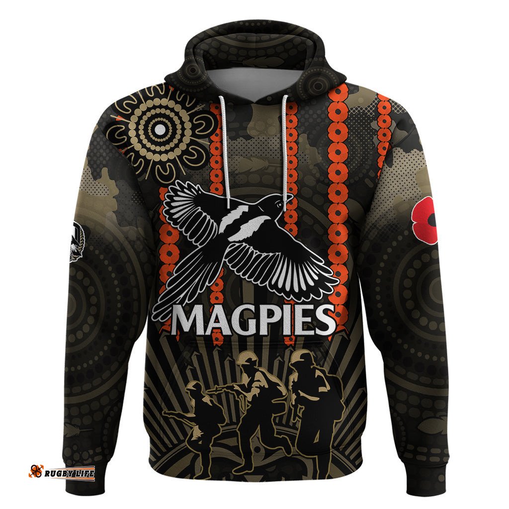 custom text and number anzac collingwood football hoodie proud to be magpies poppy flowers and aboriginal version