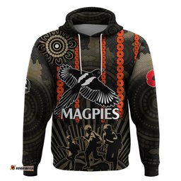 custom text and number anzac collingwood football hoodie proud to be magpies poppy flowers and aboriginal version