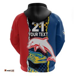 custom text and number nrl combine dolphins and parra eels hoodie simple style