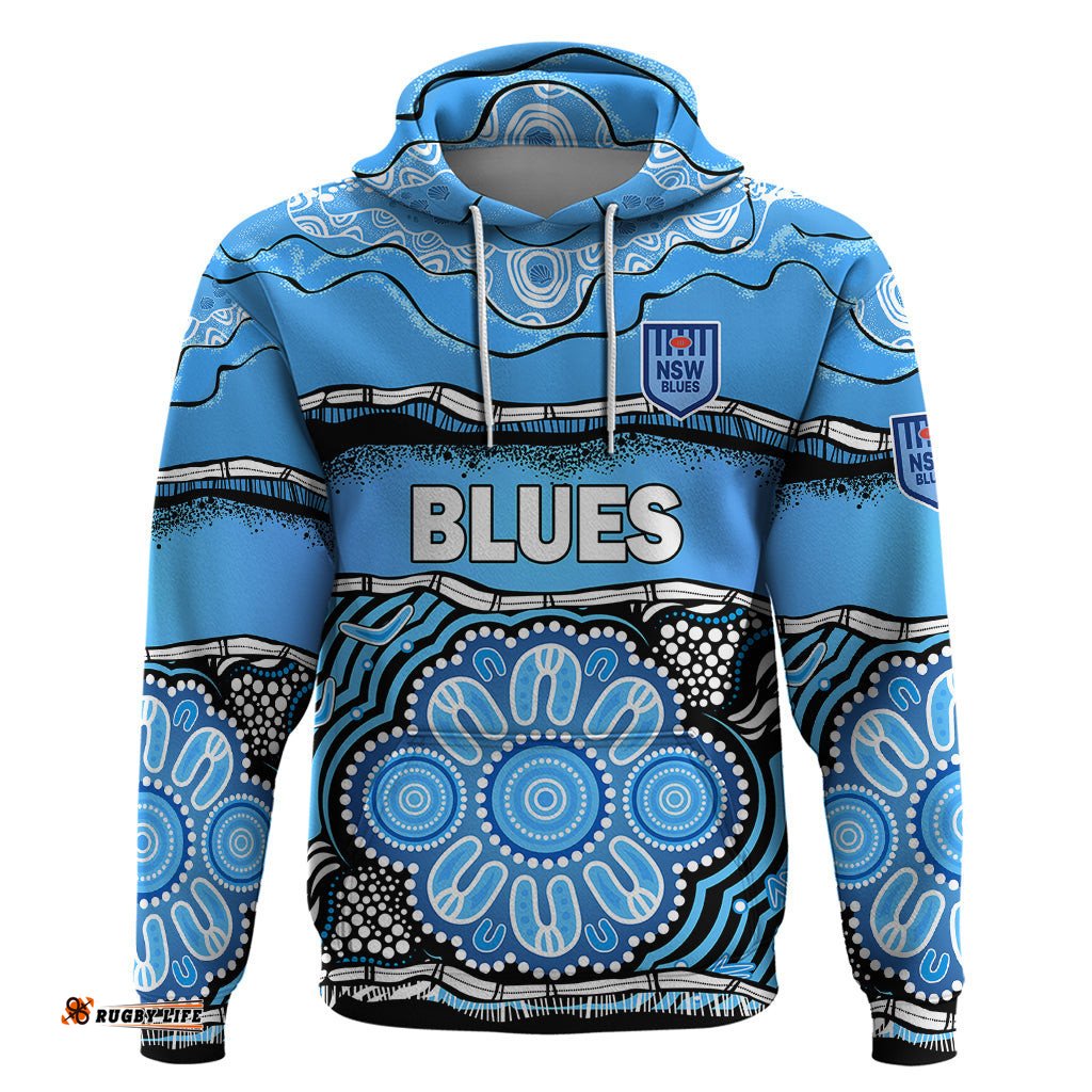 custom text and number blues rugby aboriginal hoodie new south wales state of origin
