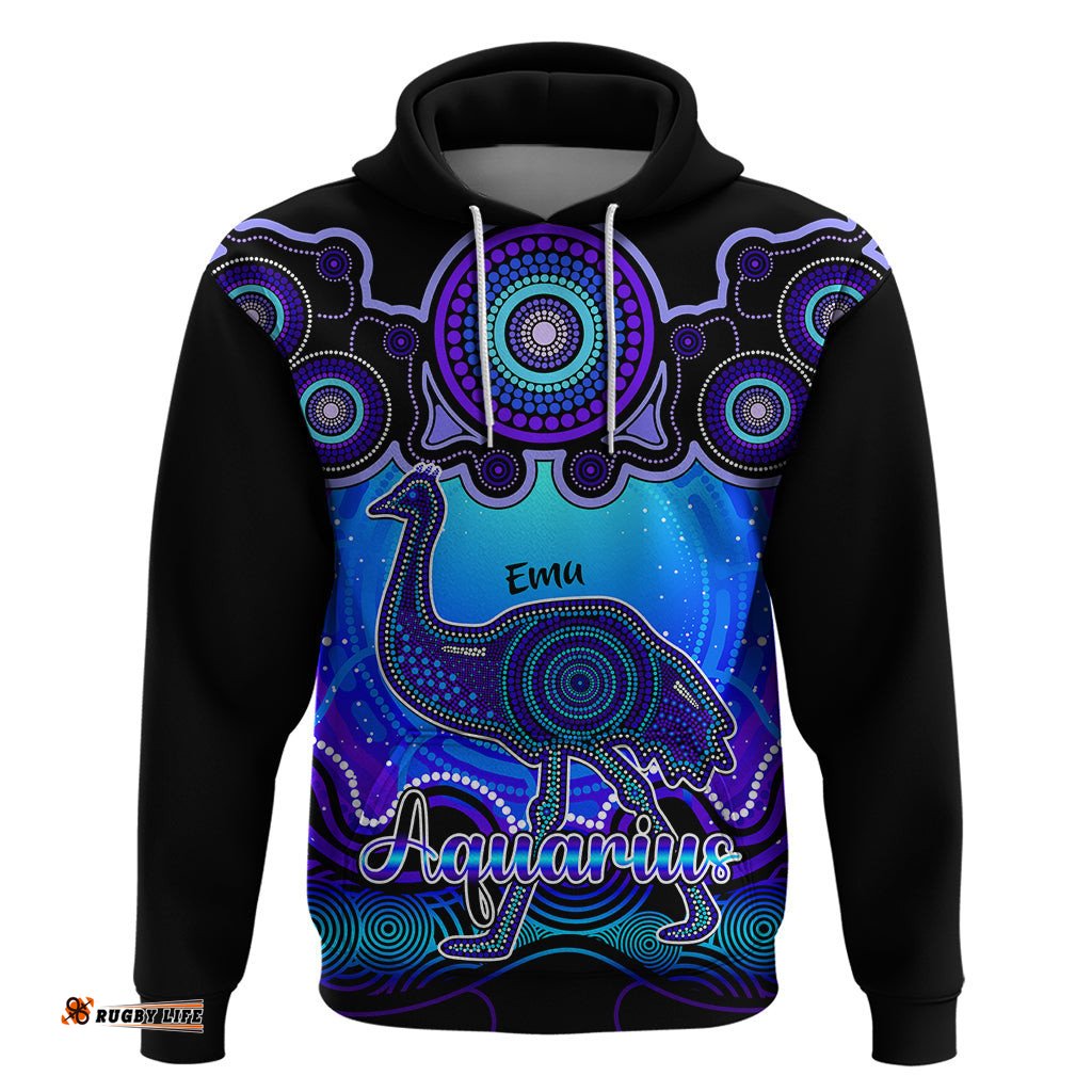 personalised australia aquarius emu zodiac hoodie auz astrology aboriginal blue