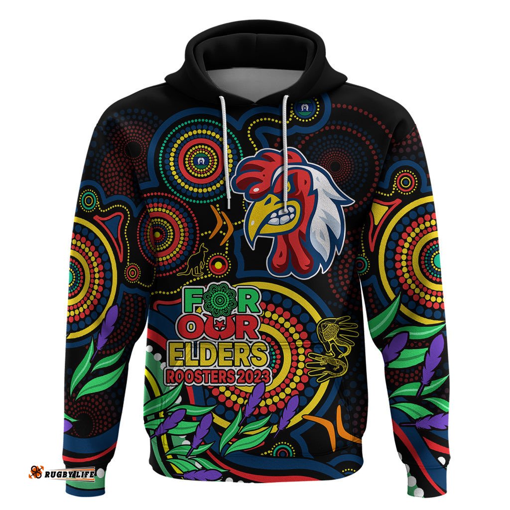 roosters rugby aboriginal art hoodie naidoc indigenous tribal