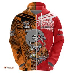 custom text and number nrl half dolphins and half tigers hoodie sporty style