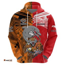 custom text and number nrl half dolphins and half tigers hoodie sporty style