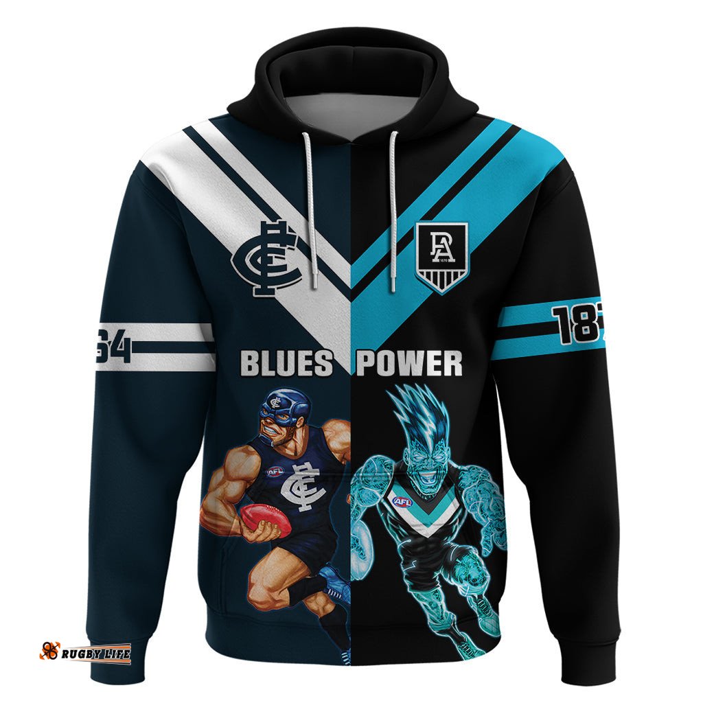 personalised carlton and port adelaide football hoodie blues mix power sporty version