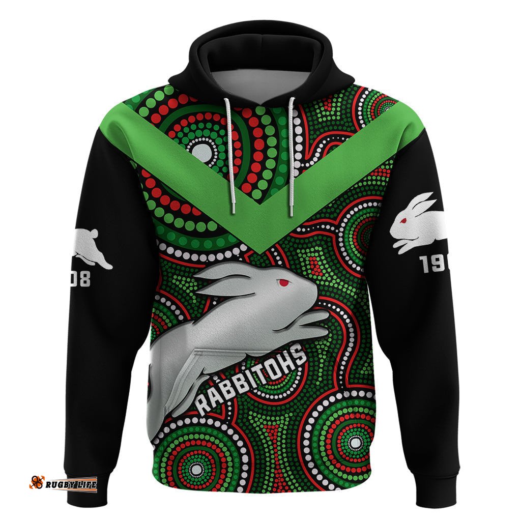 personalised rabbitohs rugby hoodie souths 1908 indigenous art