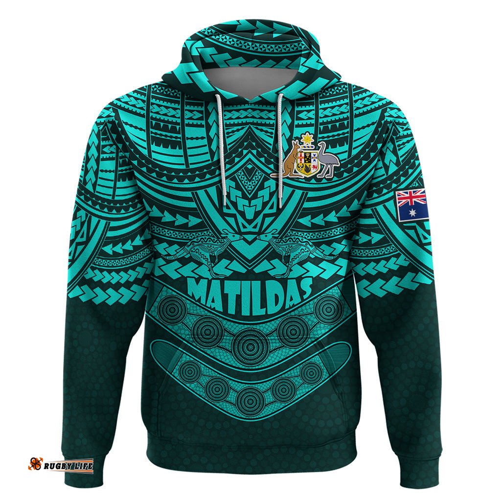 custom matildas soccer hoodie polynesian and aboriginal turquoise vibe