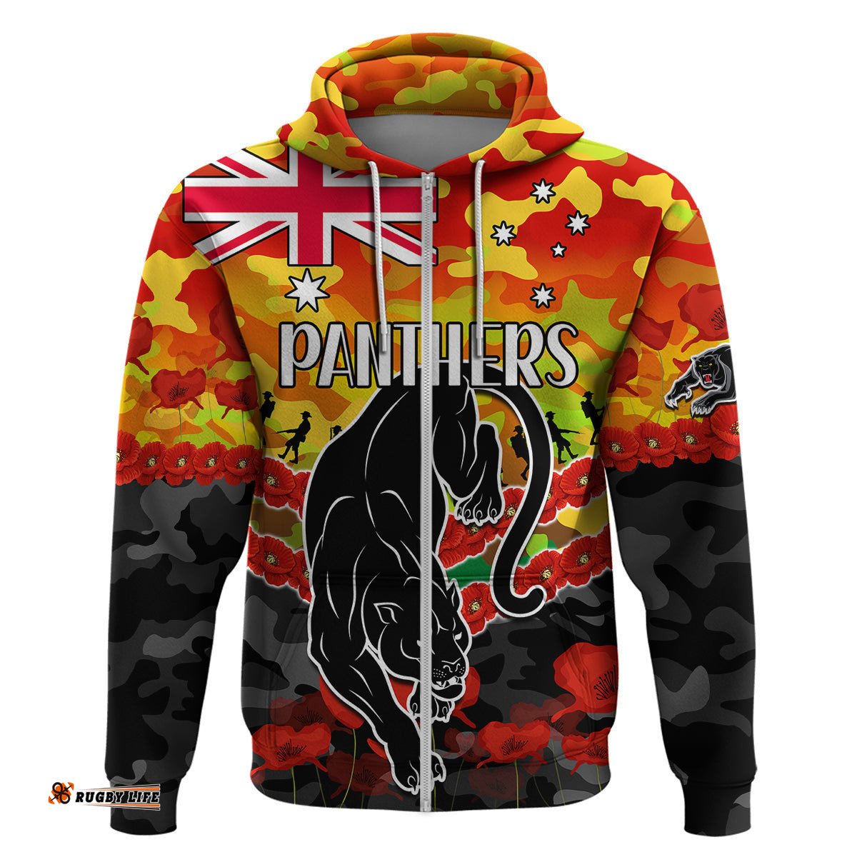 custom text and number panthers rugby anzac hoodie lest we forget