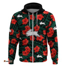 custom text and number rabbitohs rugby hoodie polynesian style with hibiscus