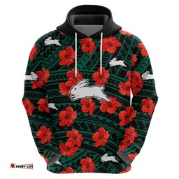 custom text and number rabbitohs rugby hoodie polynesian style with hibiscus