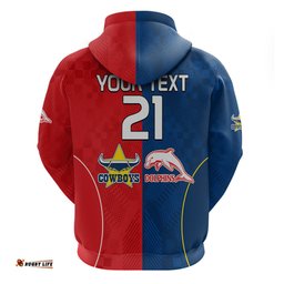 custom text and number nrl half dolphins and half cowboys rugby hoodie sporty style