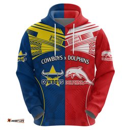 custom text and number nrl half dolphins and half cowboys rugby hoodie sporty style