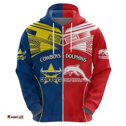 custom text and number nrl half dolphins and half cowboys rugby hoodie sporty style