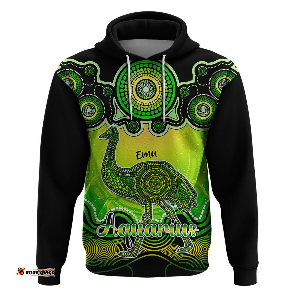 personalised australia aquarius emu zodiac hoodie auz astrology aboriginal green
