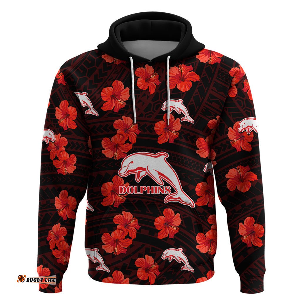 dolphins rugby hoodie polynesian style with hibiscus