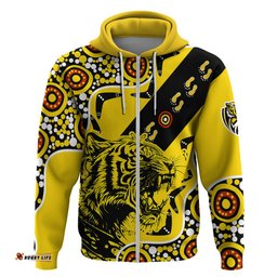 richmond tigers football hoodie angry tiger roaring aboriginal boomerang and dots art