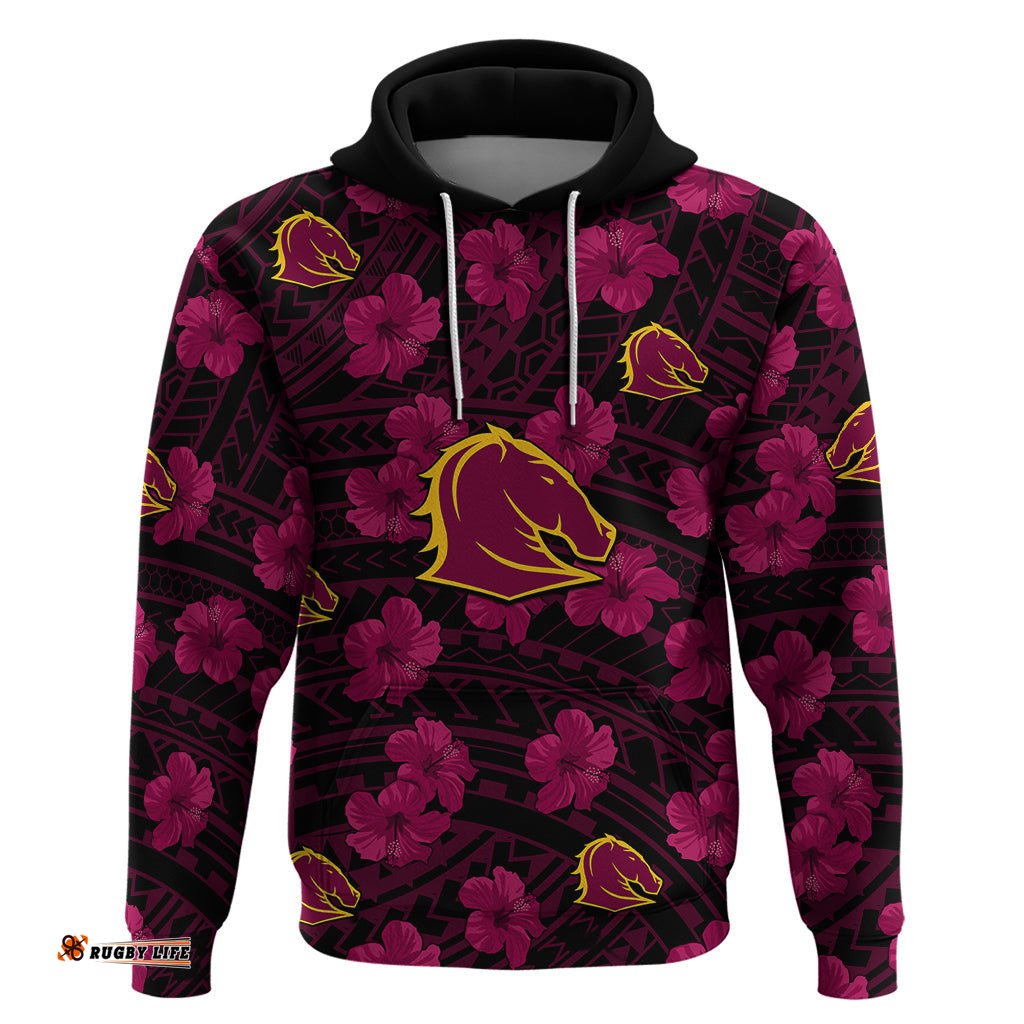 broncos rugby hoodie polynesian style with hibiscus