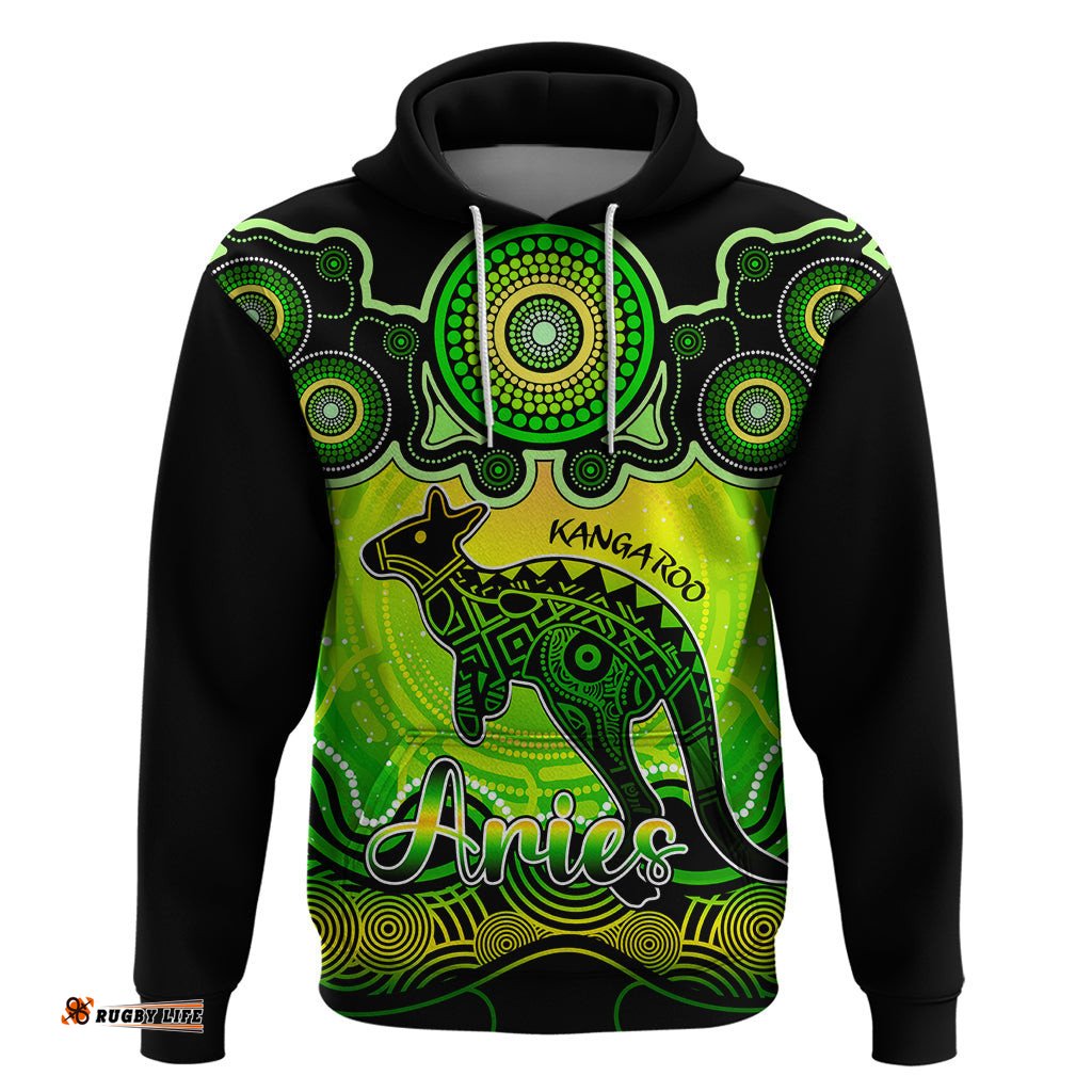 personalised australia aries kangaroo zodiac hoodie auz astrology aboriginal green