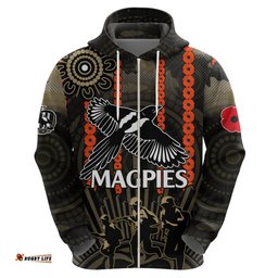 anzac collingwood football hoodie proud to be magpies poppy flowers and aboriginal version