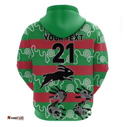 custom text and number rabbitohs rugby premiers hoodie go the bunnies aboriginal dots