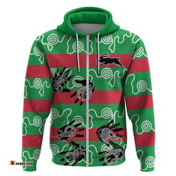custom text and number rabbitohs rugby premiers hoodie go the bunnies aboriginal dots