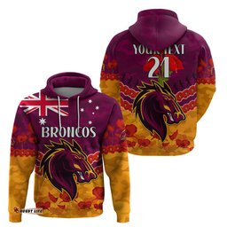 custom text and number broncos rugby anzac hoodie lest we forget