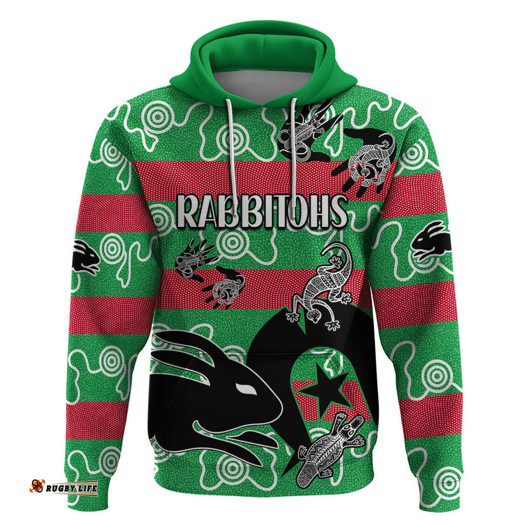 custom text and number naidoc rabbitohs rugby hoodie go the bunnies aboriginal dots