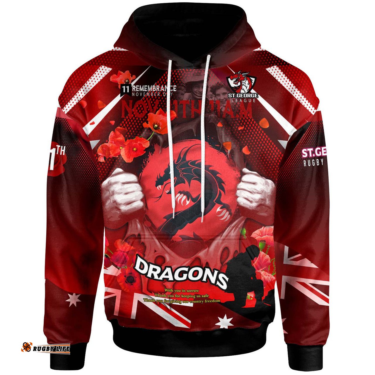 australia st.george hoodie - custom st.george remembrance day lest we forget poppies hoodie