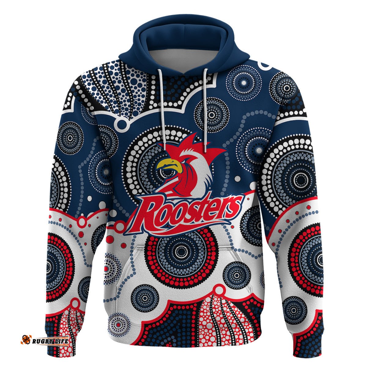 custom personalised and number roosters nrl hoodie aboriginal patterns