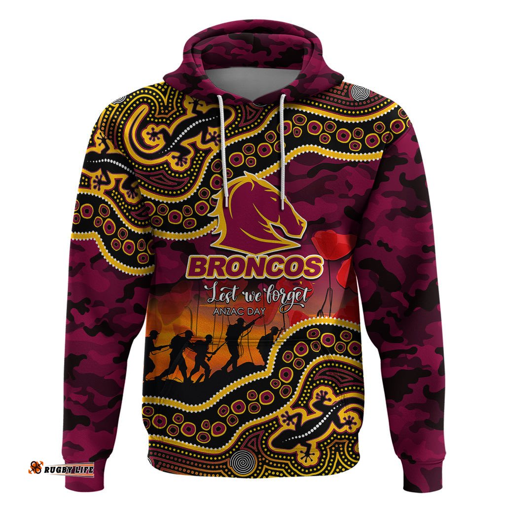 custom personalised anzac day nrl broncos hoodie aboriginal lizard patterns