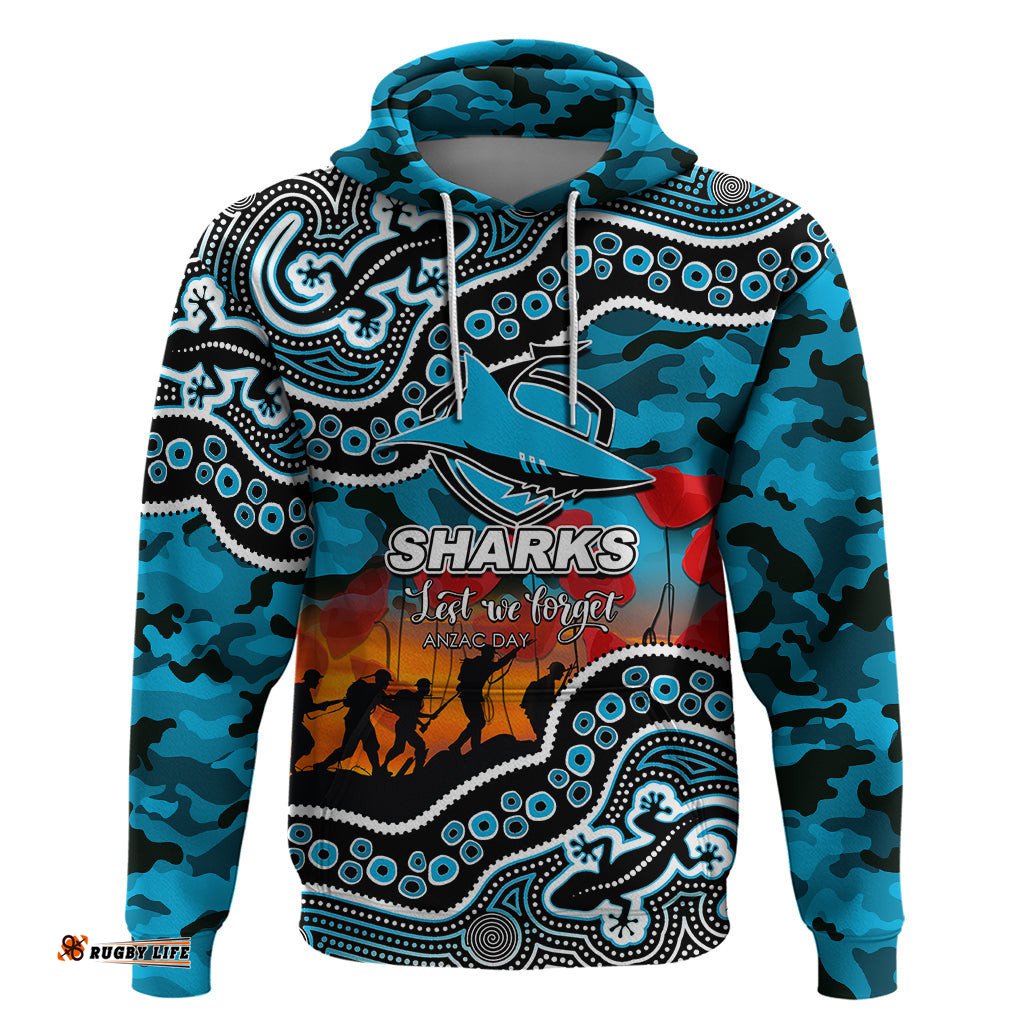 custom personalised anzac day nrl sharks hoodie aboriginal lizard patterns