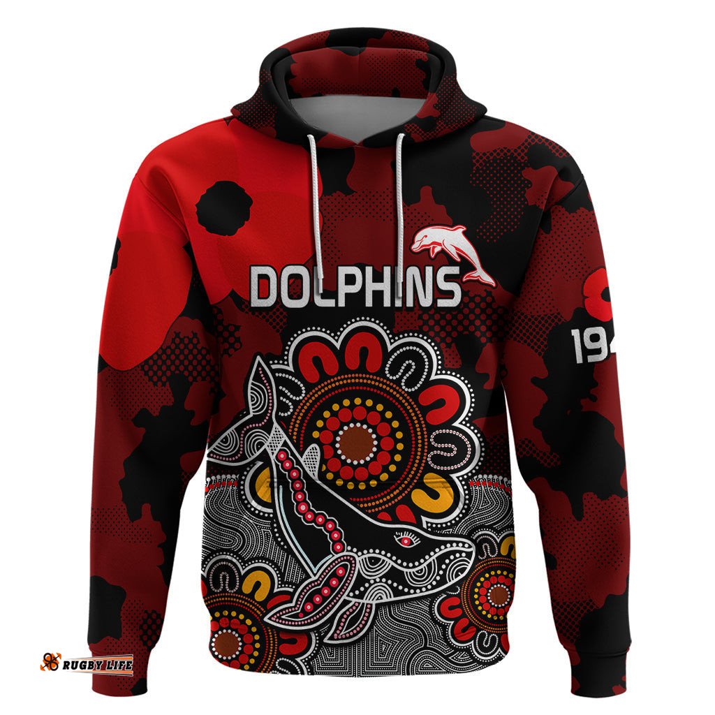 personalised anzac dolphins rugby hoodie indigenous circles and waves