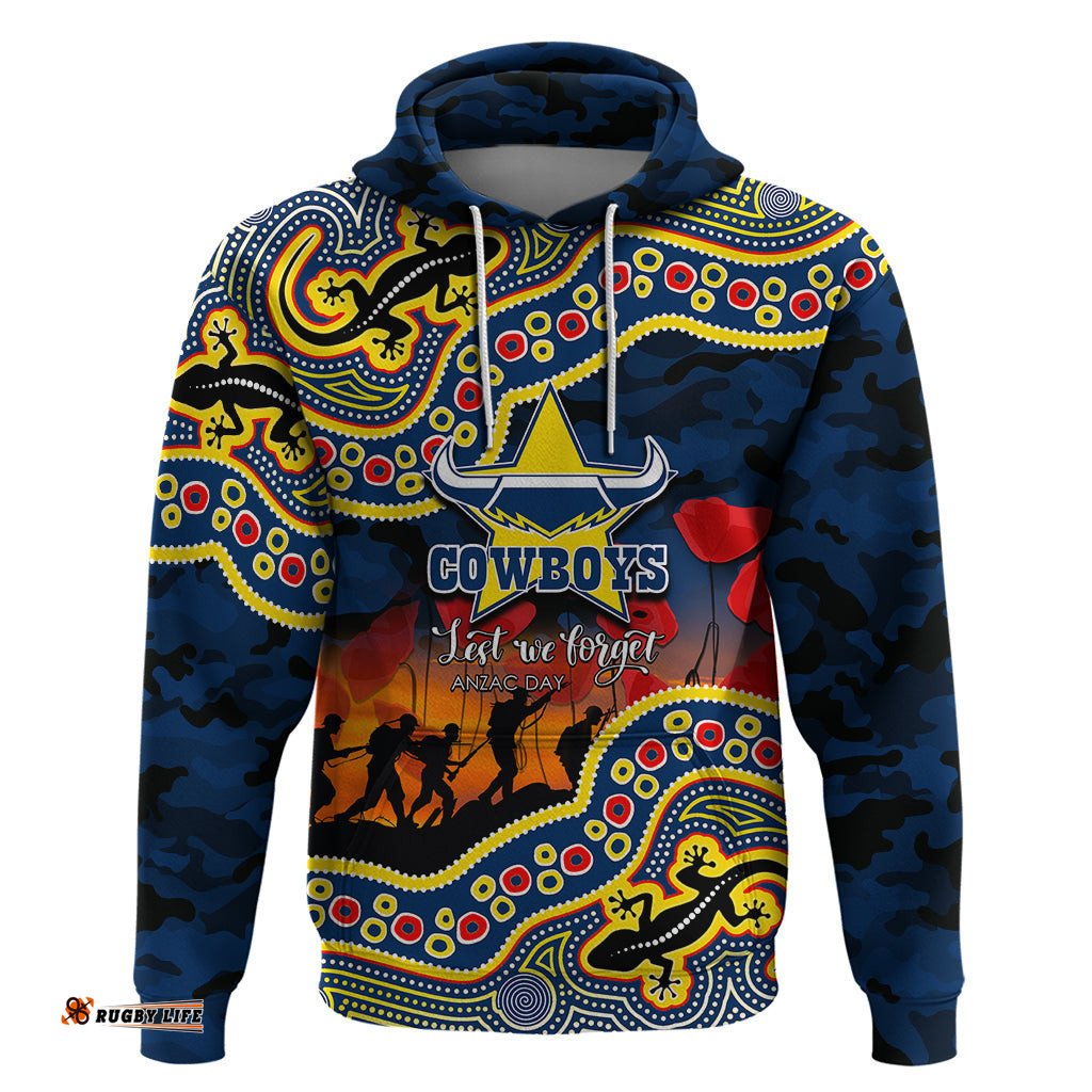 custom personalised anzac day nrl cowboys hoodie aboriginal lizard patterns