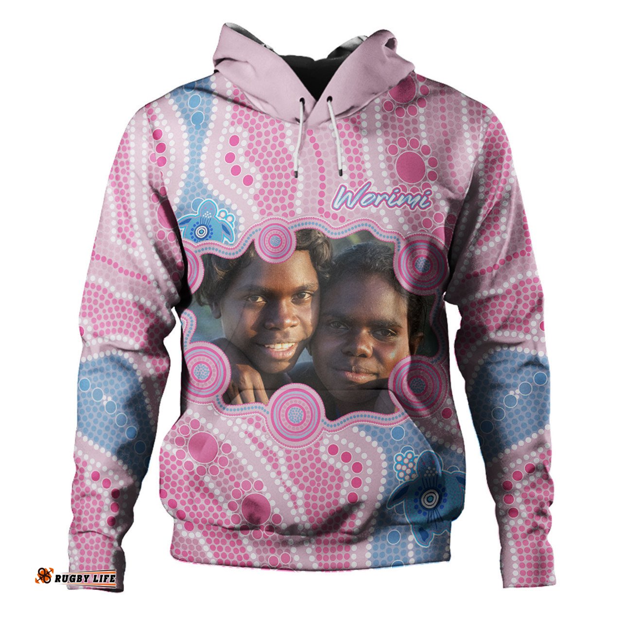 australia personalised aboriginal custom hoodie - river and turtles dot art painting pink hoodie